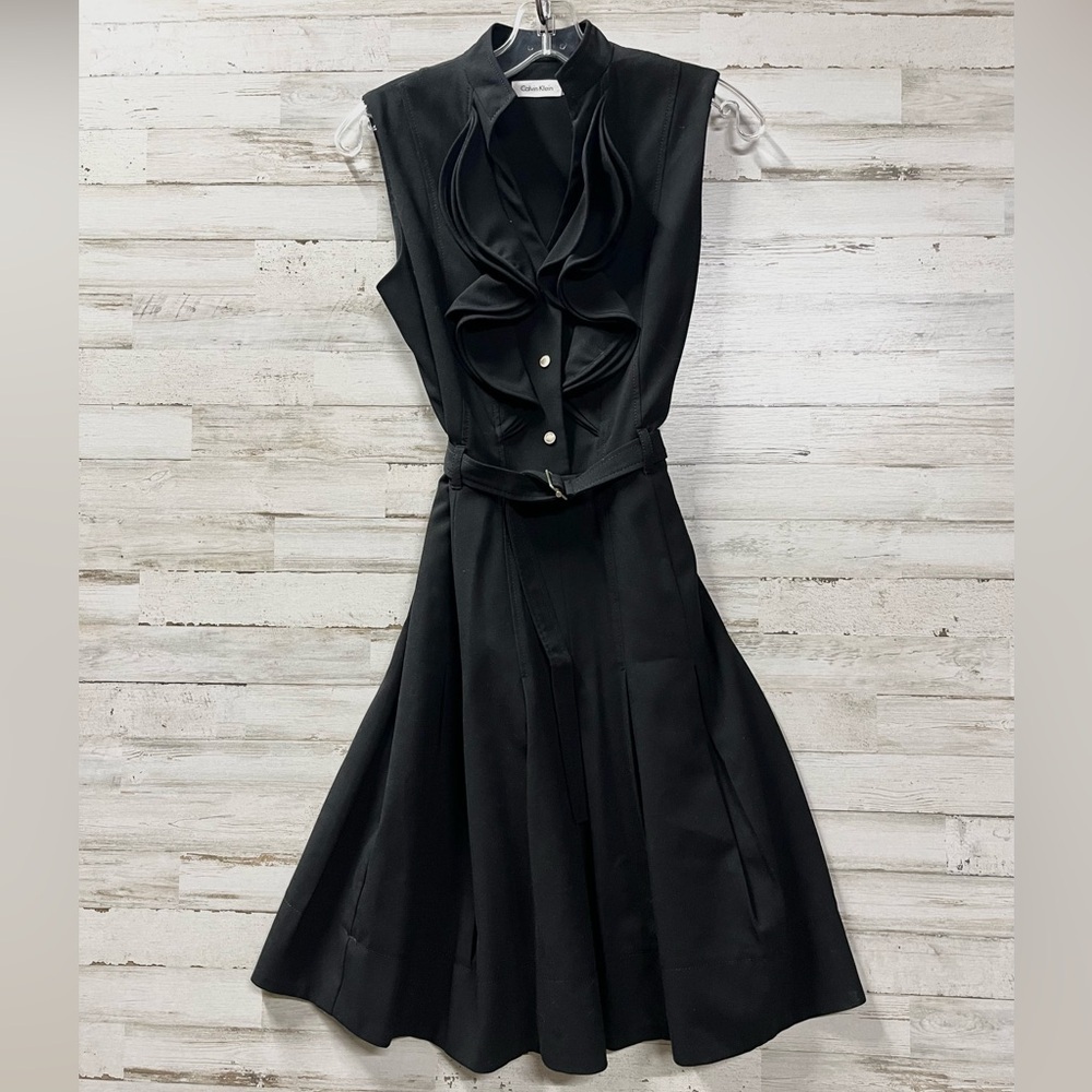 Calvin Klein Black Ruffle Front Sleeveless Pleaded Midi Dress with Waist Belt